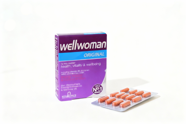 تصویر بسته بندی قرص ول وومن اورجینال روی پسزمینه سفید